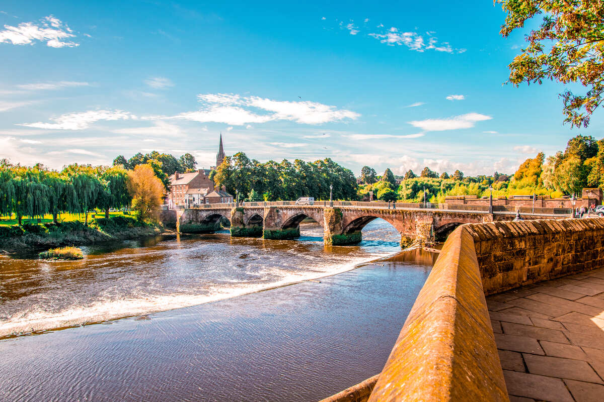 Dee river and Old Dee Bridge in Chester UK