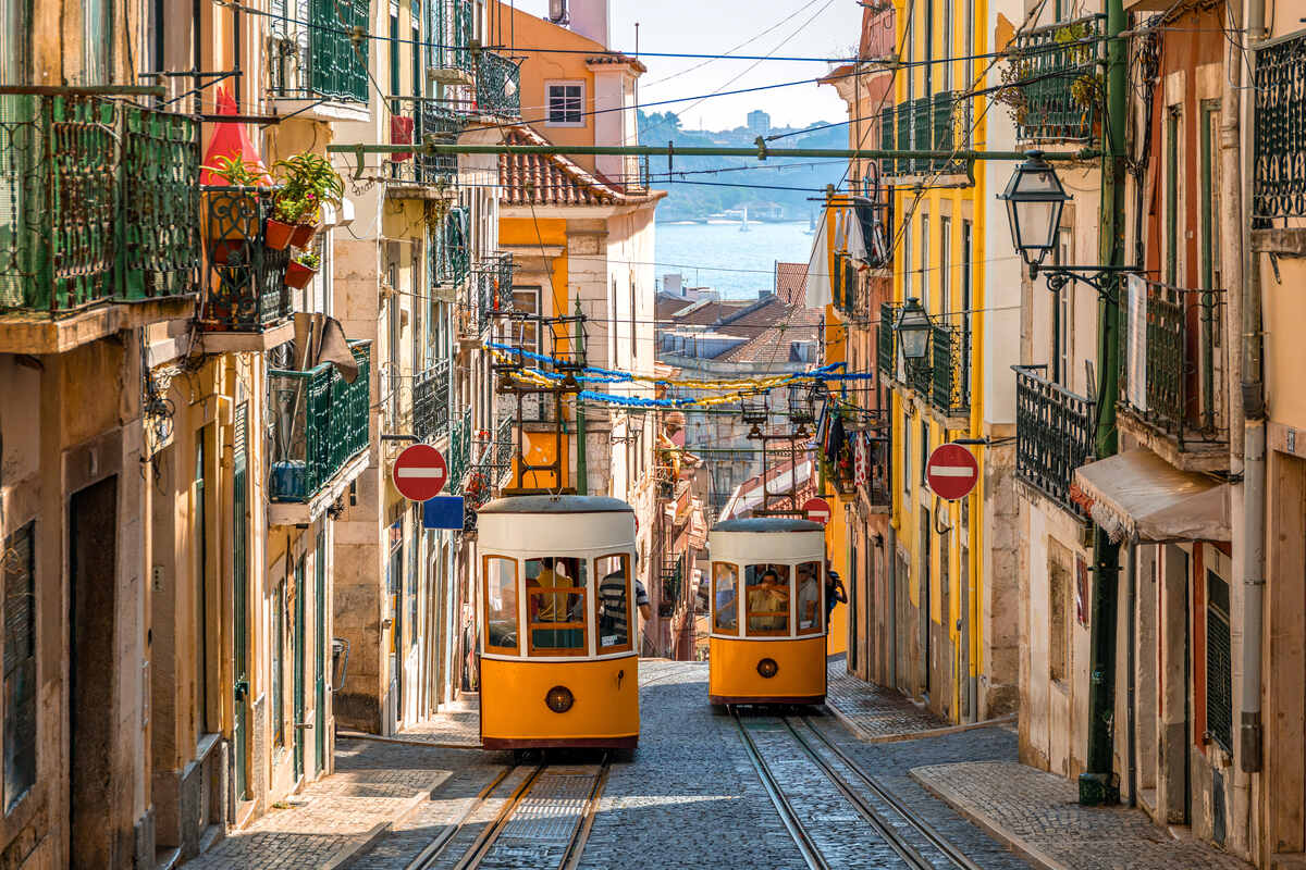 Yellow trams at Lisbon Portugal